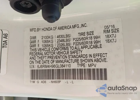 2016 Honda Cr-V Touring из США, поврежденный, VIN 5J6RM4H96GL084110